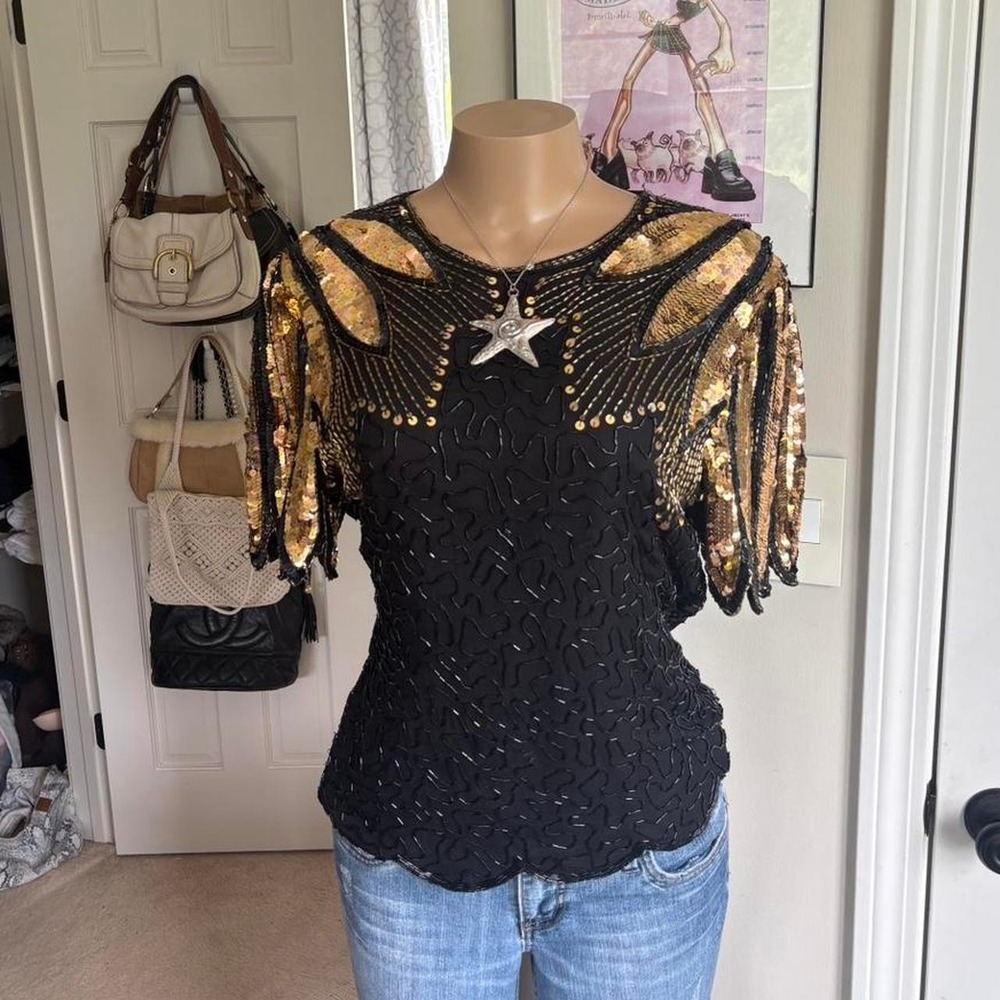 Vintage Stenay 2000s Black & Gold Sequin Beaded silk Evening Top